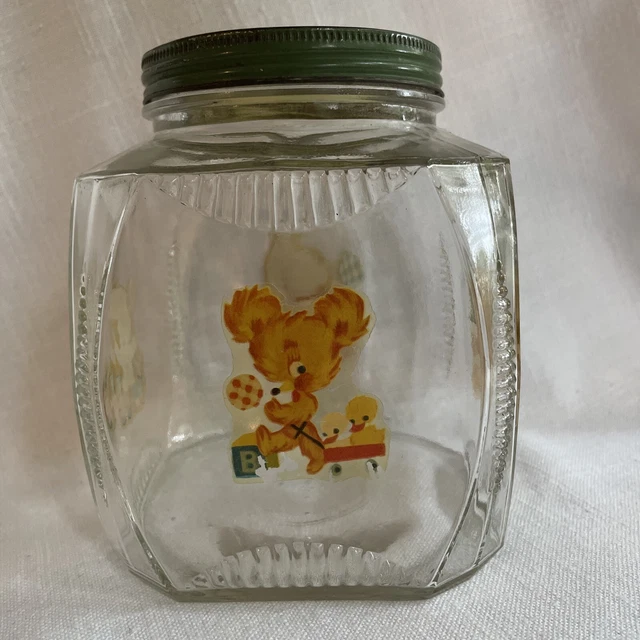 Vintage Hoosier Square Glass Jar Ribbed Corners Canister Green Metal Lid
