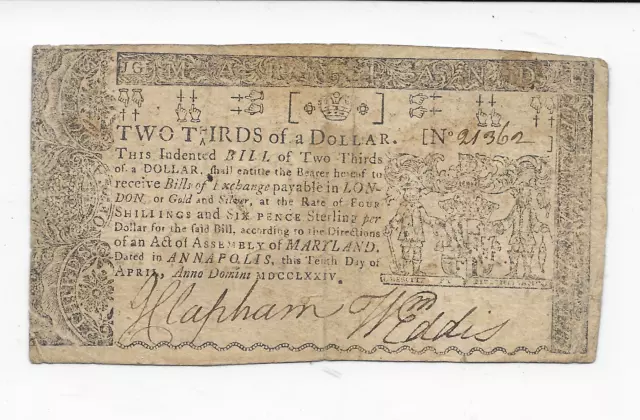 1774 U.S. Continental Colonial Currency Two Thirds Of A Dollar MARYLAND 2/3 Note