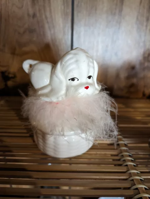 Beautiful Vintage White Fluffy Dog Trinket Box. Anthropomorphic.