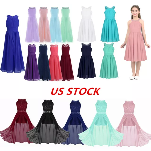 US Girls Flower Floral Lace Dress Bridesmaid Wedding Birthday Party Maxi Gown