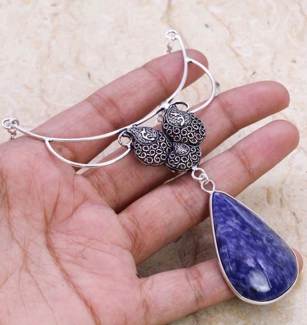 Alluring Sodalite 925 Silver Plated Handmade Necklace of 16" Ethnic