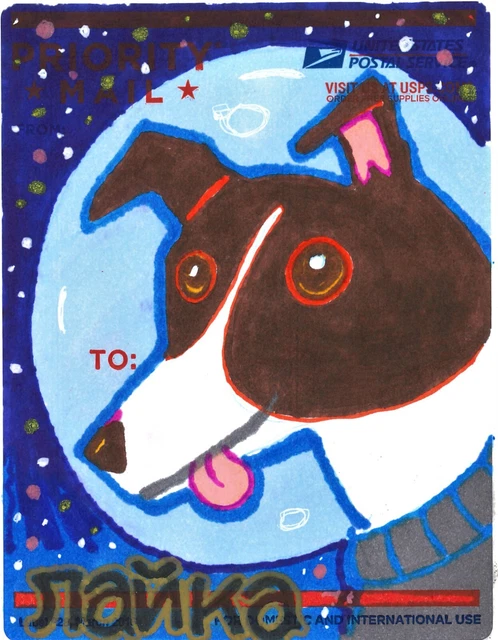 Laika the Space Dog graffiti sticker street art hand drawn USPS label 228