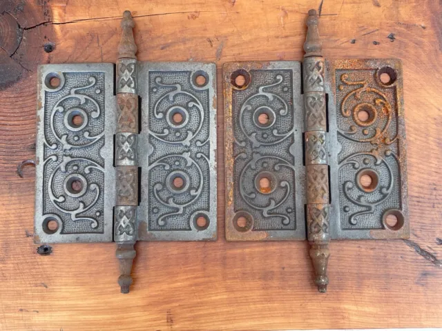 Pair of Vintage 4-1/2 X 4-1/2 Antique  Fancy  Ornate DOOR HINGES Cast iron 1126