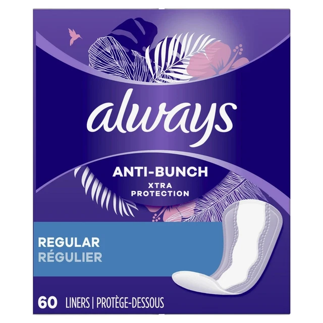 Always | Anti-Bunch Xtra Protection Daily Liners Regular | Unscented | 60 Count