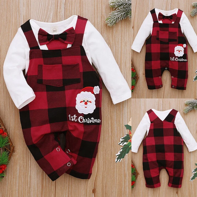 My 1st Newborn Baby Boy Christmas Romper Plaid Bodysuit Pants Clothes Outfit Set