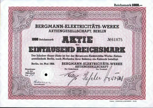 Bergmann-Elektricitäts-Werke Aktiengesellschaft 1938 1.000 RM