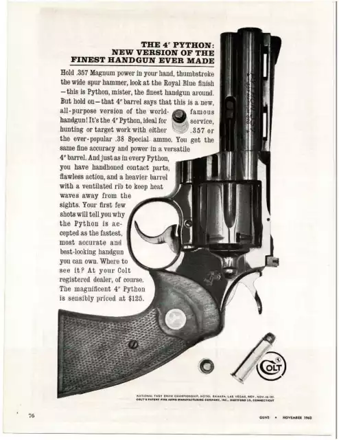 1960 COLT 4& Python .357 Magnum Revolver Handgun Vintage Print Ad EUR 9 ...