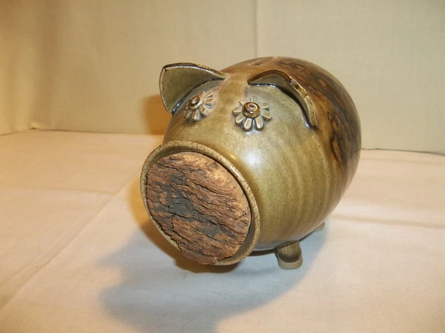 Vintage Mid Century Signed Studio Pottery Drip Glaze Piggy Bank w/ Cork Nose