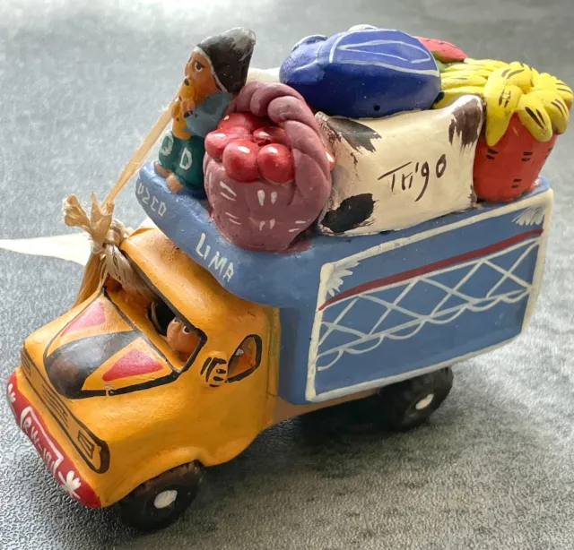 VTG Peru Clay Bus Folk Art Sculpture Decor People Hand Crafted Painted 4"x 3.5"