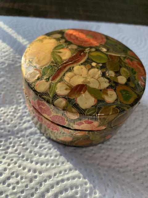 Vintage Floral Hand Painted Kashmiri Lacquered Paper Mache Trinket Box India