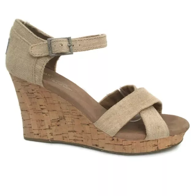 TOMS Sienna Cork Wedge Espadrille Sandal Tan Canvas Criss Cross Ankle Strap Sz 9