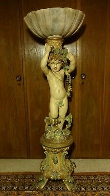 Antique Large 55" Italian Wood Hand Carved Angel Cherub Putto Stand+Bowl Statue