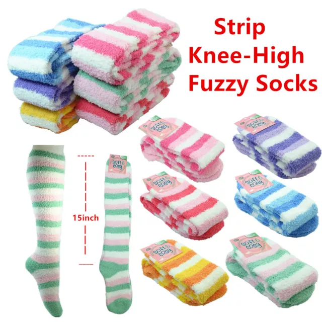 3~12pairs Women Girl Winter Socks Cozy Fuzzy Slipper Long Knee High Lot Strip