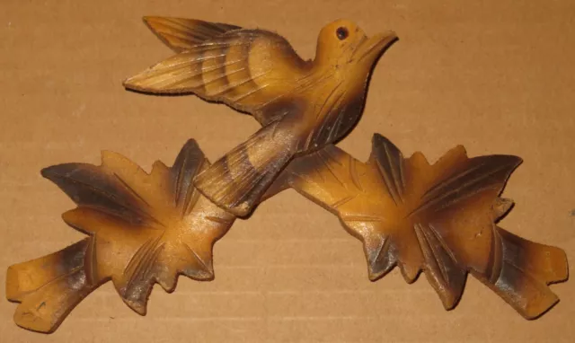 Vintage Wood Cuckoo Clock Parts Top Topper Leaves Bird 7" #2b