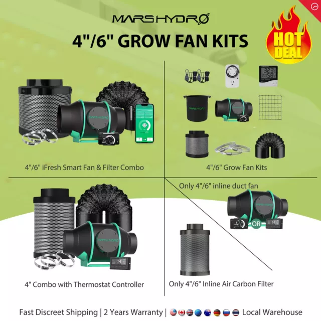 Mars Hydro 4'' 6'' Inline Ventilation Fan Kits Ducting Carbon Filter Grow Tent 2