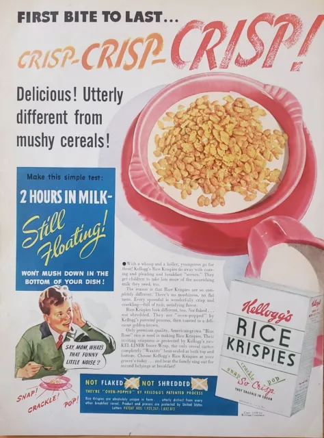 1939 KELLOGGS RICE Krispies Cereal First Bite To Last Crisp Boy Vintage ...