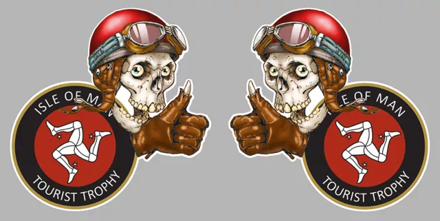 2 X ISLE OF MAN TOURIST TROPHY SKULL ILE DE MAN STICKER RACING 8cm (IA050)