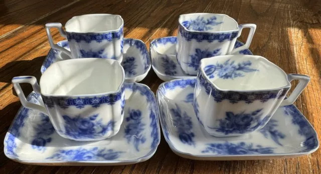 MINT Blue Danube Blue Floral DEMITASSE CUPS/SAUCERS Set Of 4 Preowned/Never Used