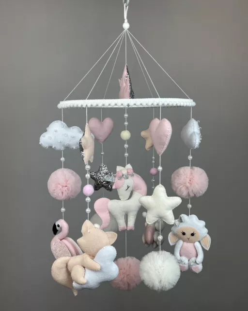 Baby mobile girl  unicorn Felt animals mobile  Crib mobile pink Nursery decor