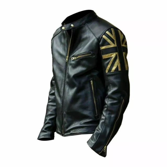 Mens Biker Vintage Motorcycle Black Cafe Racer UK Flag Union Jack Leather Jacket 3