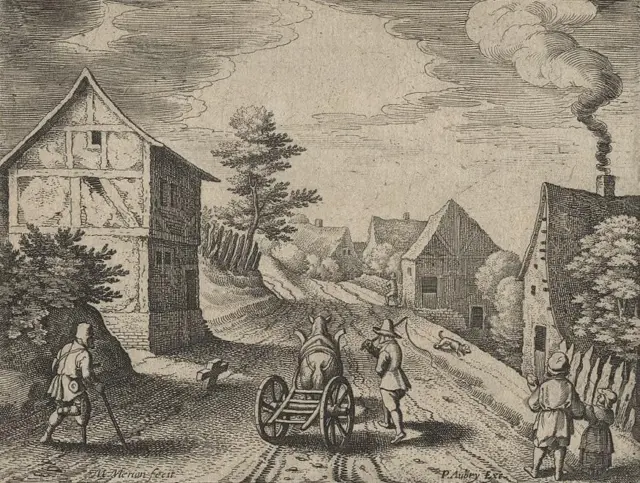 MATTHÄUS MERIAN D.Ä. - Dorfstraße mit Leiterwagen - Kupferstich um 1620