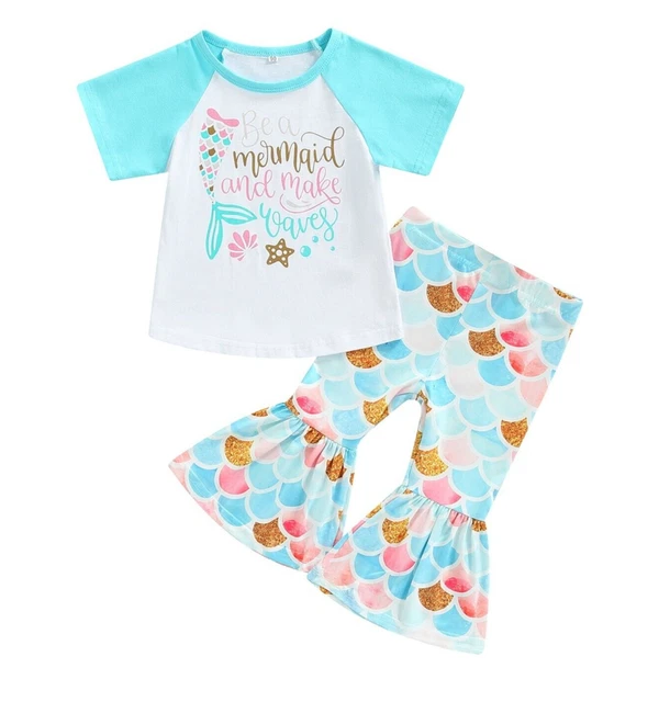 New Girls Size 6 Short Sleeve Blue Mermaid T-Shirt Bell Bottom Leggings