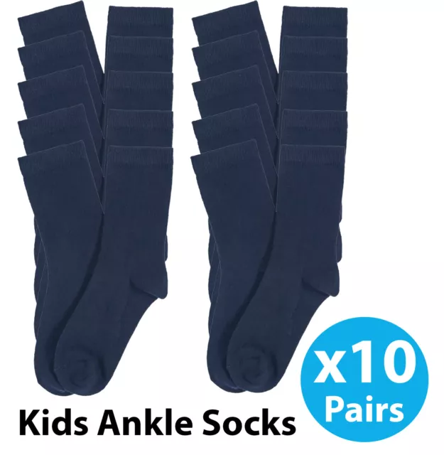 Boys Kids Plain Ankle 10 Pairs Socks School Trainer Liner Cotton Navy