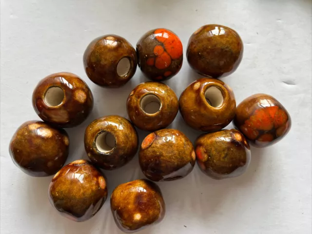 Vintage Macrame Beads 13 Lot Round Brown Orange Drip Ceramic 70s Retro 1"