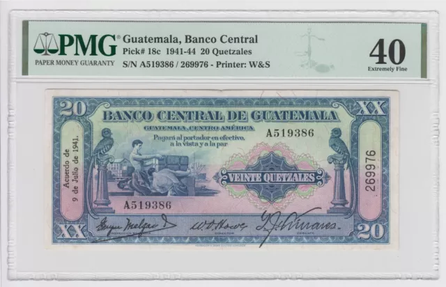 Guatemala 20 Quetzals 1941 P18c XF PMG 40 TOP POP Rare Currency Best Known Bill