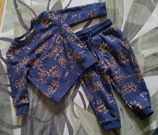Baby Boys Outfit 12-18 Months joggers + jumper navy/mustard monsters