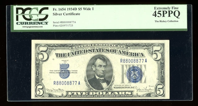 DBR 1934-D $5 Silver Fr. 1654Wi Wide I RA Block PCGS 45 PPQ Serial R88008877A