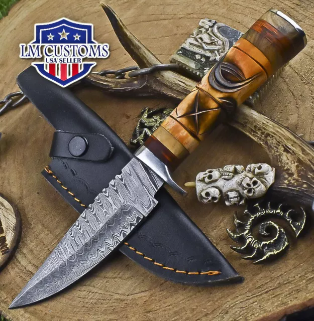 Custom Hunting Skinner Knife Ladder Damascus Bone Steel Guard Hiking Bushcraft