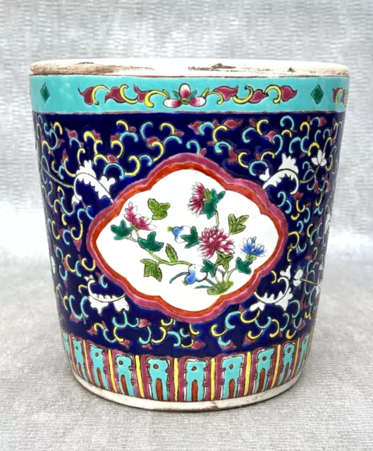 Asian Floral Pottery Vase Planter Blue Turquoise Enamel Chinese Famille Rose Art