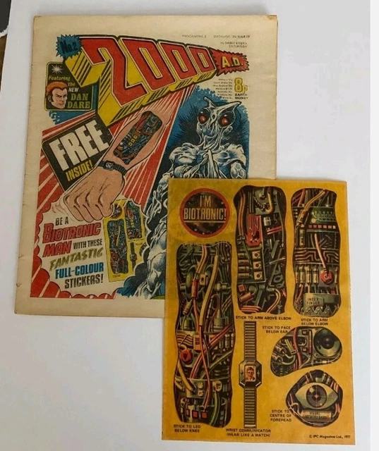 2000ad prog 2 (feb 1977) & free gift biotronic stickers 1st appear of dredd VF