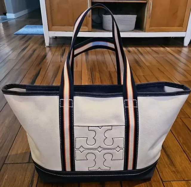 Tory Burch Large Canvas Tote Bombe T Winter White Beige Travel 17in x 15in