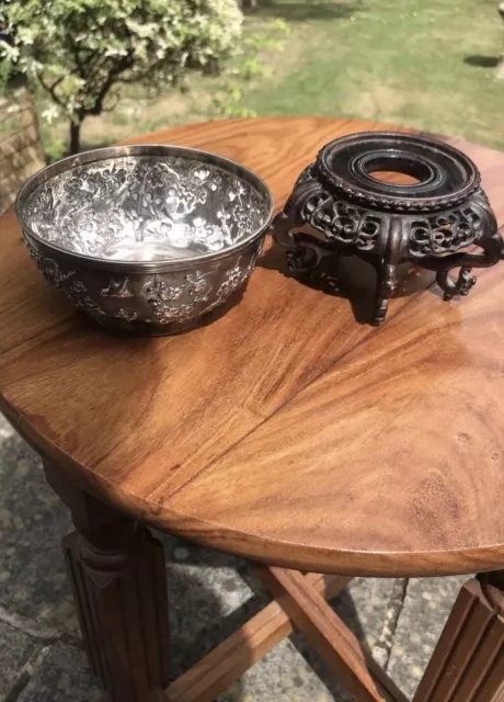 Antique Chinese Ornate Rare Carved Solid Silver Bowl With Stand Birds & Flowers