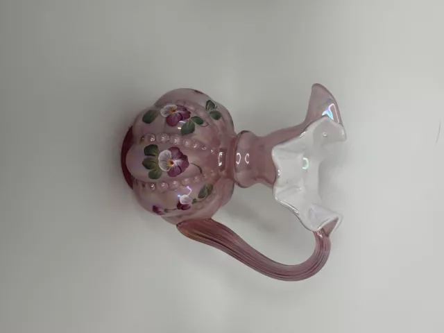 Signed Fenton Pink Rose Beaded Melon Pitcher 