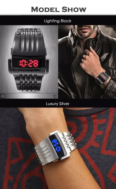 2023 LED Display Watch Stainless Steel Men Digital Big Wristwatch Iron Man Style