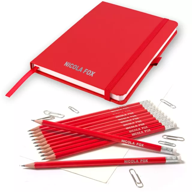 Personalised Notebook and 12 matching Pencils -Printed with Name - RED