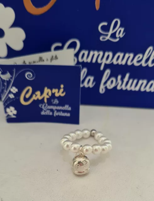 Anello Capri Elastico Perle In Argento 925 Con Campanella Della Fortuna