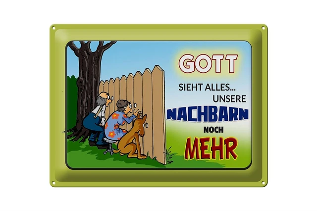 Cartello Divertente MelisFun: 'Gott Sieht Alles... Unser Nachbar Sieht Mehr' – Targa 30x20 Cm In PVC, Idea Regalo Umoristica Per Tedesco
