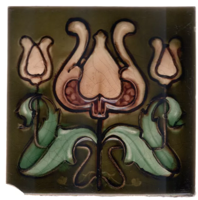 Henry Richards - c1904 - Triple Tulip Floral - Antique - Art Nouveau - Tile