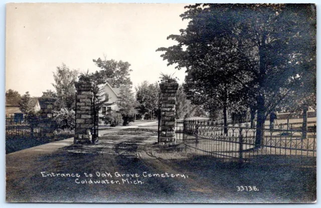 Postcard RPPC MI Coldwater Michigan Entrance To Oak Grove Cemetery Branch Co R17
