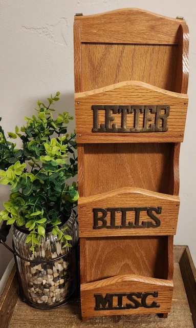 Vtg Wooden 3 Slot Wall Sorter LETTERS BILLS MISC. Hanging Rack Solid Wood +Hooks