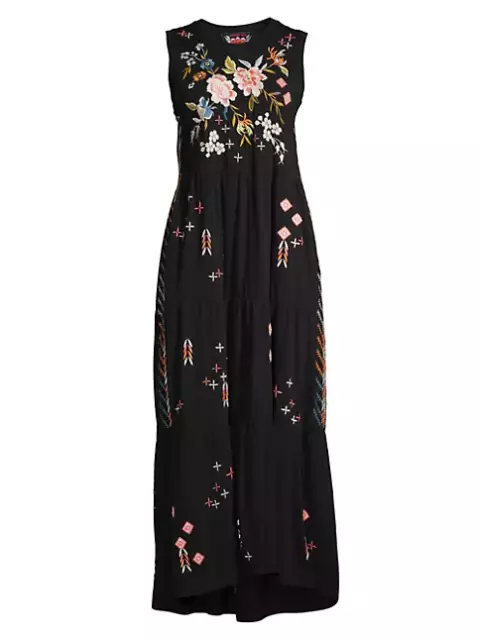 $228 JOHNNY WAS SZ M CERETTI TIERED Embroidered MAXI Tank DRESS Black Cotton NWT