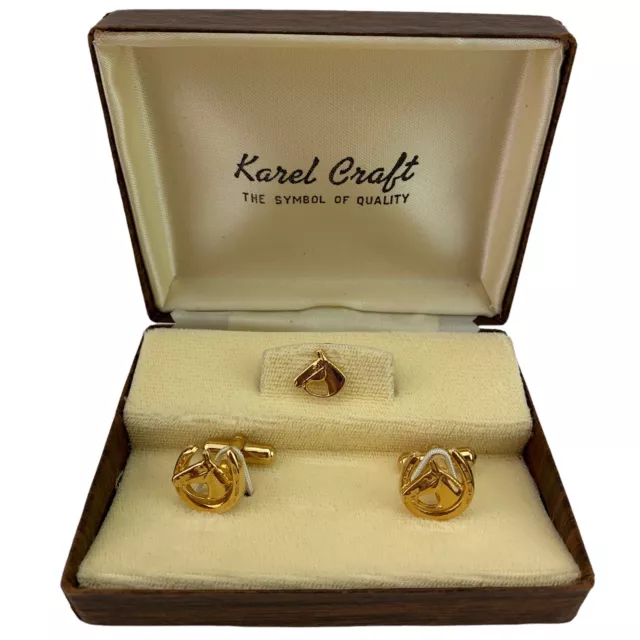 VTG 1950s Horse Shoe Head Gold Tone Cuff Link Tie Pin Set Boxed Lucky Equestrian