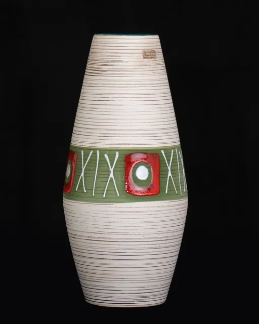 Grand Vase Céramique Emaillée Vintage Carstens W Germany Vert Olive Rouge 1960