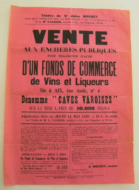 Affiche vente enchère commerce vins et liqueurs "Caves Varoises" 1936 vintage