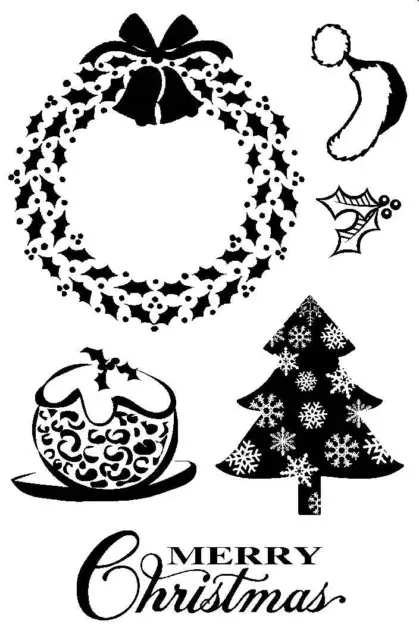 Unmounted rubber stamp Holly Christmas, Wreath, Pudding, Tree
