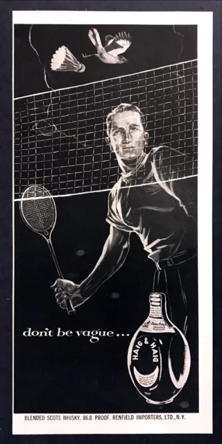 1954 Badminton Player Racquet Birdie Net art Haig & Haig Whisky vintage print ad
